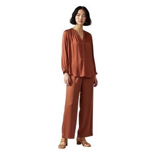 Rust Orange Satin Oversized 1/2 Button-Up Blouse